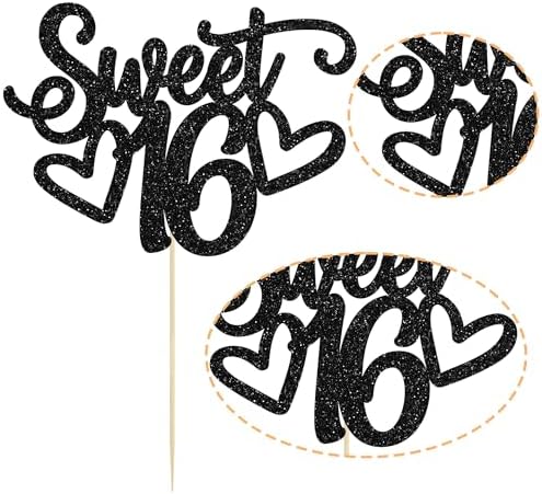 Gyufise 1Pc Sweet Teenager 16 Cake Topper Glitter 16th Birthday Cake Pick for Cheers to 16 Years Old 16th Birthday Party Cake Decorations Supplies Black