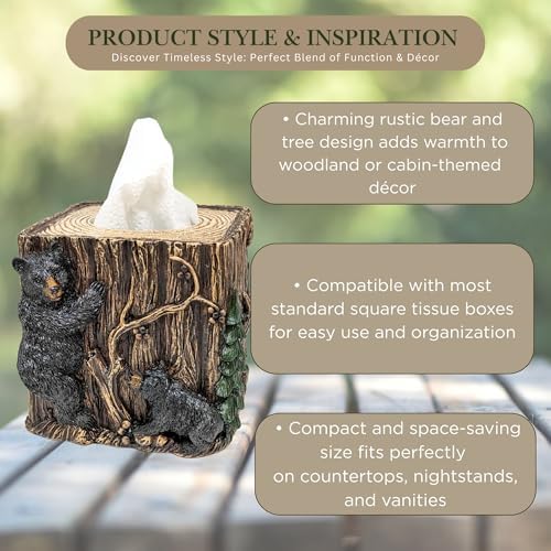 Woodland Bears Around The Tree Square Tissue Box Cover – Rustic Resin Bear-Themed Tissue Holder for Cabin & Lodge Décor
