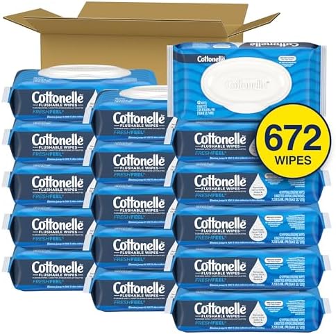 Cottonelle Fresh Feel Flushable Wet Wipes, Adult Wet Wipes, 16 Flip-Top Packs, 42 Wipes Per Pack (672 Total Wipes), Packaging May Vary
