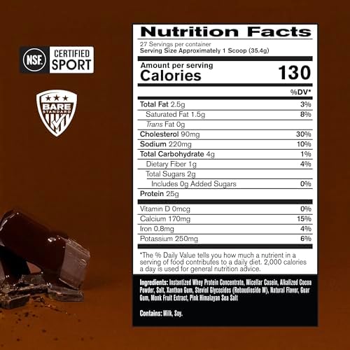 BARE PERFORMANCE NUTRITION, BPN Whey Protein + Casein Protein Powder Blend, Fudge Chocolate, 25g Protein per Serving Supports Lean Muscle Recovery, 27 Servings, Third Party Tested