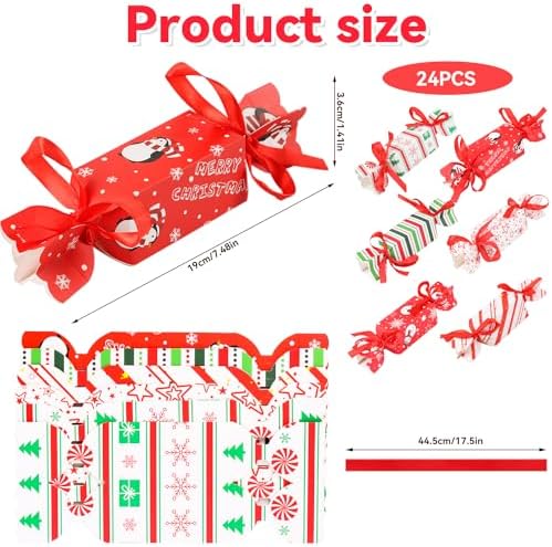 STEFORD Christmas Candy Paper Gift Boxes, 24PCS Christmas Candy Gift Treat Bags with Red Ribbon for Xmas Party Supplies