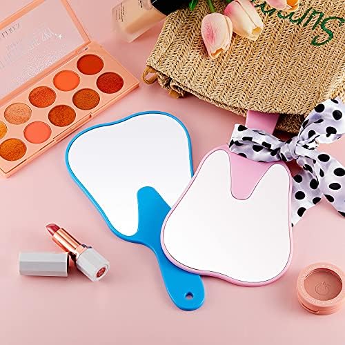 Jetec 2 Pieces Tooth Shaped Handheld Mirror Cute Makeup Mirror Hand Held Plastic Dental Mirrors with Handle Cosmetic Hand Mirror Back to School for Women Men Gifts(Pink, Blue)