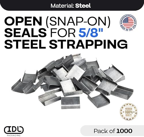 IDL Packaging Open (Snap-On) Seals for 5/8" Strap Width Steel Strapping (Pack of 1000) - Superior Holding Power - Sturdy Metal Clips for Securing Heavy Packaging and Pallet Banding