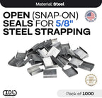IDL Packaging Open (Snap-On) Seals for 5/8" Strap Width Steel Strapping (Pack of 1000) - Superior Holding Power - Sturdy Metal Clips for Securing Heavy Packaging and Pallet Banding