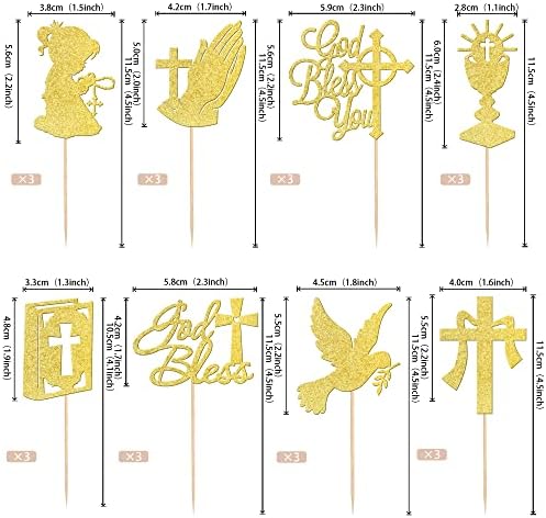 Rsstarxi 24 Pack God Bless and Cross Cupcake Toppers Dove Girl Baptism Cupcake Picks First Communion Cake Decorations for Religious God Bless Baptism Baby Shower Kids Birthday Party Supplies Gold