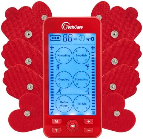 TechCare Plus 24 Modes Tens Unit Muscle Stimulator Massager Rechargeable Unit Electric Complete Set + Massage Belt + Reflexology Shoes Back Neck Pain (Red)