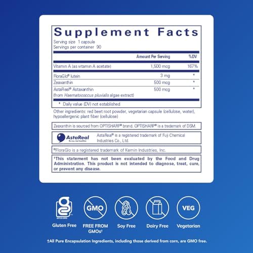 Pure Encapsulations Vitamin A + Carotenoids (Lutein, Zeaxanthin, and Astaxanthin) | Hypoallergenic Dietary Supplement | 90 Capsules