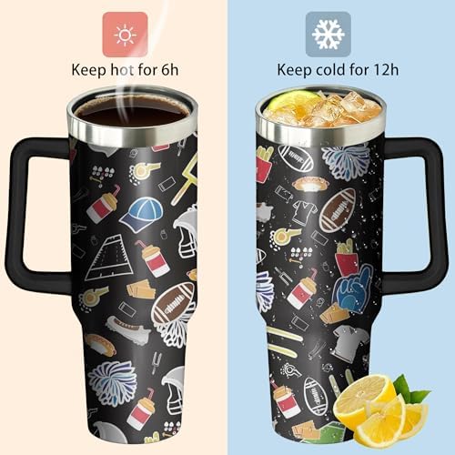 40oz Football Tumbler with Handle, Birthday Gift for Man, Sports Coach Insulated Stainless Steel Cup with Lid and Straws, Reusable Travel Coffee Mug Water Bottle