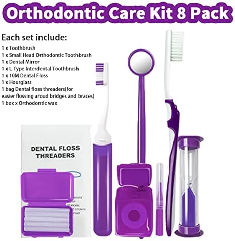 Braces Cleaning Kit for Teeth, Portable Orthodontic Toothbrush Kit Oral Care Dental Travel Kit - Interdental Brush Dental Wax Dental Floss Toothbrush Box (Purple B)