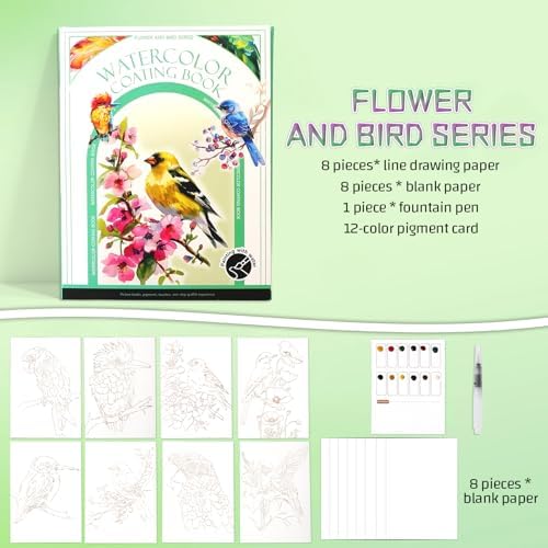 Breathly Creative Stress Relief Kit, 2026 New Paint Art Watercolor Books Painting Kit,Watercolor Coloring Book for Adults, DIY 3-Fold Watercolors Pad for Beginners and Enthusiasts (Flower and Bird)
