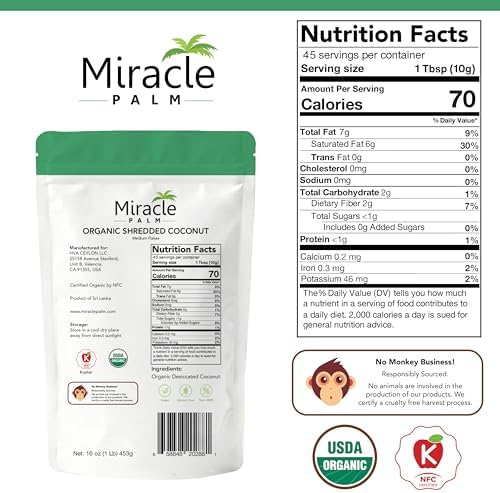 Miracle Palm Organic Unsweetened Shredded Coconut 1 lb (16oz), Perfect for Baking, Cooking & Snacking, Vegan, Gluten-Free, Non-GMO, Rich in MCT & Fiber, Ideal for Keto & Recipes, Origin from Sri Lanka