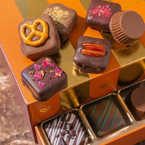 Chocolate Gift Basket, Candy Food Gifts, Gourmet Snack Box, Holiday Present Idea, Corporate Him & Her, Men, Women, Two-Tier Box with Assorted Belgian and Dubai Truffles, 10+ Flavors, Bonnie and Pop (Copper)
