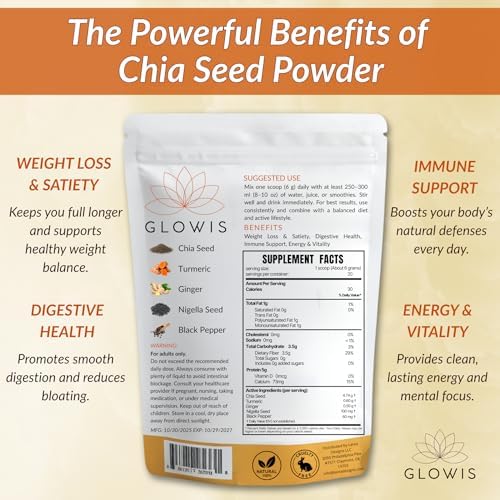 Organic Ground Chia Seeds Powder — 5-in-1 Drink Mix with Turmeric, Ginger & Black Seed | Chia Seed Powder Organic | Fiber + Protein | Appetite & Digestive Support | 4.23 oz (20 Servings)