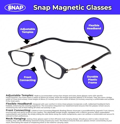 Calabria Snap Magnetic Bridge Front Connect L-XL Reading Glasses Clear or Blue Light Lens Men Women Around Neck Hang Readers