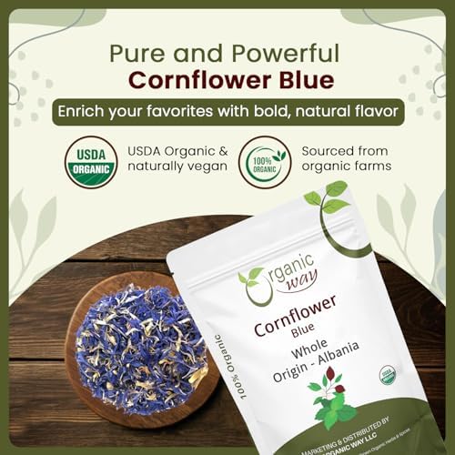 Organic Way Premium Cornflower Blue Whole (Centaurea Cyanus) - Herbal Tea | European Wild-Harvest | USDA & Kosher Certified | Vegan, Non GMO & Gluten Free | Origin - Albania (16 Oz)