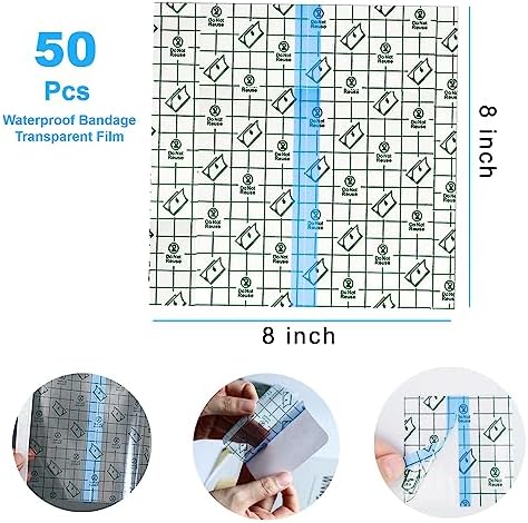 OBTANIM 50 Sheet Transparent Waterproof Stretch Adhesive Bandage Clear Film Dressing Bandages Tape Cover for Tattoo Shower Swimming Protector (8 x 8 Inch)