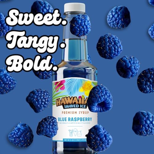 Hawaiian Shaved Ice Blue Raspberry Syrup - Made Nut Soy Dairy Free in the USA - Flavor Fluffy Shaved & Crunchy Snow Cone - Shelf Stable After Opening - Makes 8 Servings - 16 ounces