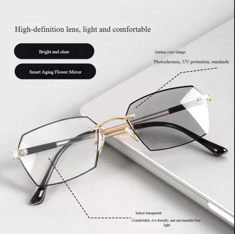 Black Auto Adjusting Reading Glasses, Rimless Photochromic Presbyopia for Men HD Clarity, Anti Blue Light Dual Use