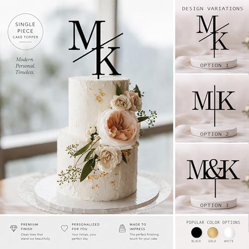 Personalized Wedding Cake Topper – Custom Names & Date, Rustic Elegant Script for Wedding, Anniversary, Engagement, Bridal Shower, Keepsake Cake Decoration,Initial cake topper