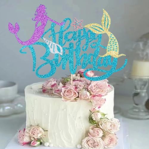 Sleyberoy Glitter Mermaid Happy Birthday Cake Topper - Mermaid Under The Sea Theme Cake Topper, Baby Shower Gender Reveal Party, Birthday Party Supplies (1)