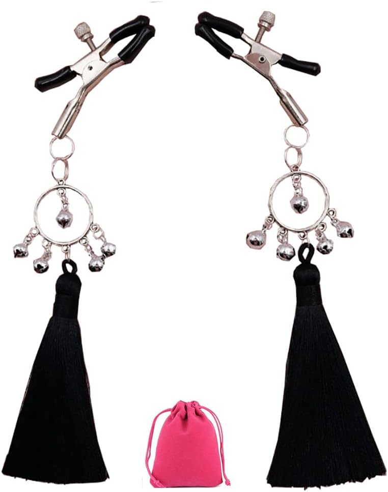 Adjustable Tassel Nipple Clips with Bells Non Piercing Chest Nipple Clamps Dangle Breast Nipple Jewelry (Black)