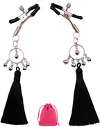 Adjustable Tassel Nipple Clips with Bells Non Piercing Chest Nipple Clamps Dangle Breast Nipple Jewelry (Black)