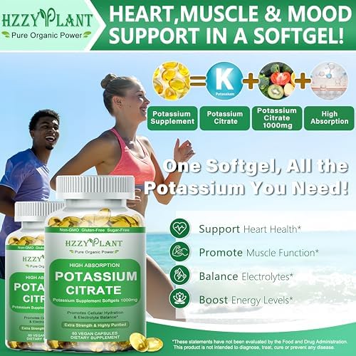 Potassium Supplement Softgels, High Absorption Potassium Citrate 1000mg for Muscle Heart Electrolyte Balance and Normal pH Support*, Essential Mineral, Non-GMO, 2 Month Supply