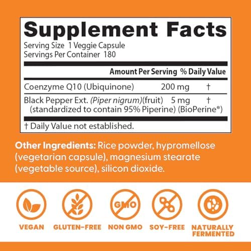 Doctor's Best High Absorption CoQ10 200mg with BioPerine Supplement - Coenzyme Q10 Caps for Heart Health & Antioxidant Support, CoQ10 200 mg for Women & Men, Non GMO - 180 Veg Capsules