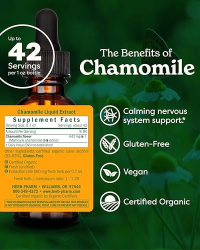 Herb Pharm Chamomile Liquid Extract: USDA Organic | Calming Nervous System Support, Stress Support Chamomile Supplement | Fast-Absorbing & Sugar-Free, Made with Organic Chamomile Flowers, 1 oz*