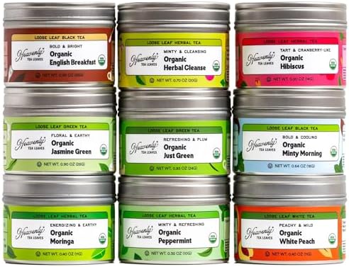 Heavenly Tea Leaves Organic 9 Flavor Variety Pack, Loose Leaf Tea Sampler Gift Set (Approx. 90 Cups) | Assorted Green Black White Herbal Teas, Premium Whole Leaf Collection, Gourmet Box for Tea Lovers | Sampler, Great Iced or Hot, High to No Caffeine