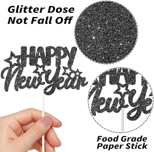24pcs Black Glitter Number 2026 Happy New Year Theme Cupcake Toppers New Years Eve Party Decorations for Hello 2026 Winter Festival Holiday Party Supplies