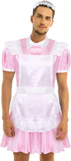 Men's French Maid Cosplay Uniform Silk Satin Mini Dress with Apron Sissy Crossdressing Pajamas Set