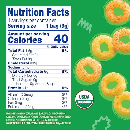 Earth's Best Organic Melty Hoops, Bite-Sized Snacks for Babies 8 Months and Up, Spring Veggie, 0.32 Ounce Individual Bags (Pack of 4)