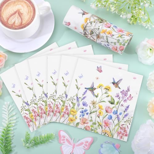 NatNarr 100 Pcs Wildflower Napkins, 2-Ply Floral Cocktail Napkins Spring Decoupage Napkin Butterfly Hummingbird Flower Dessert Beverage Napkin for Easter Baby Shower, Tea Party