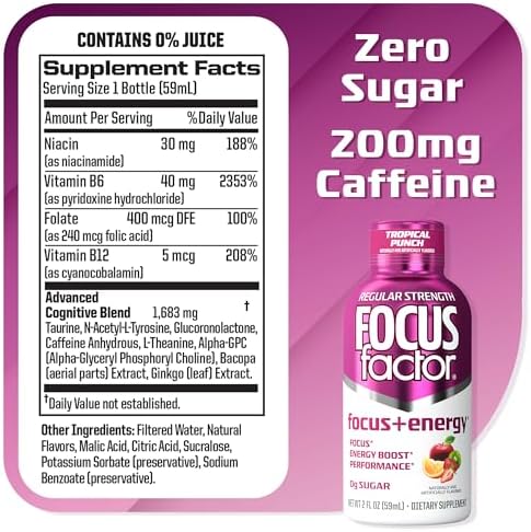 Focus Factor Focus + Energy Shots - 12 x 2oz Bottles (Tropical Punch Flavor) - Powered by Nootropics with Caffeine, L-Theanine, Ginkgo, Bacopa, L-Tyrosine, Alpha GPC
