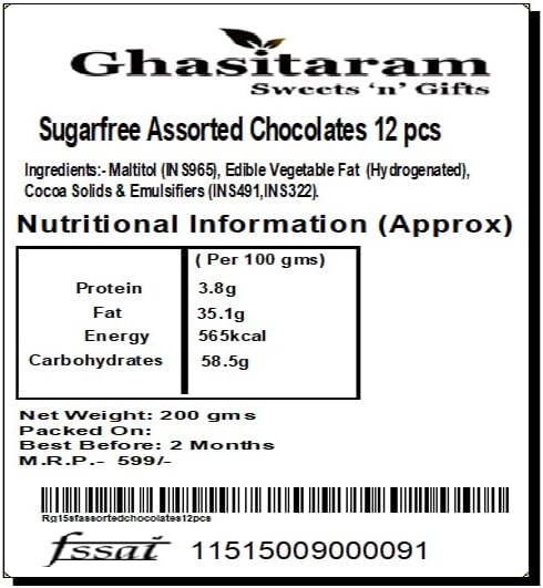 Ghasitaram Gifts Sugarfree Assorted Chocolates 12 pcs White Box-200gms