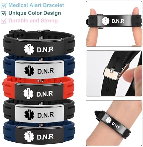 Medical Alert Bracelet for Women Men, Adjustable Medical Alert ID Silicone Wristband for Diabetic D.N.R Pacemaker Epilepsy