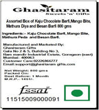 Ghasitaram Gifts Indian Sweets - Diwali Gifts Sweets- Assorted Box of Kaju Chocolate Barfi,Mango Bite, Mathura Diya and Besan Barfi 800 GMS