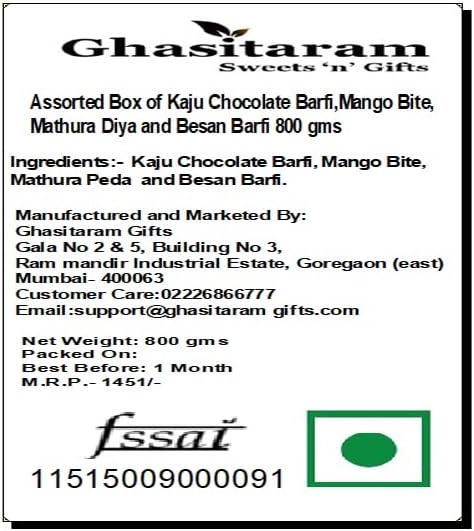 Ghasitaram Gifts Diwali Gifts Sweets- Assorted Box of Kaju Chocolate Barfi,Mango Bite, Mathura Diya and Besan Barfi 800 GMS