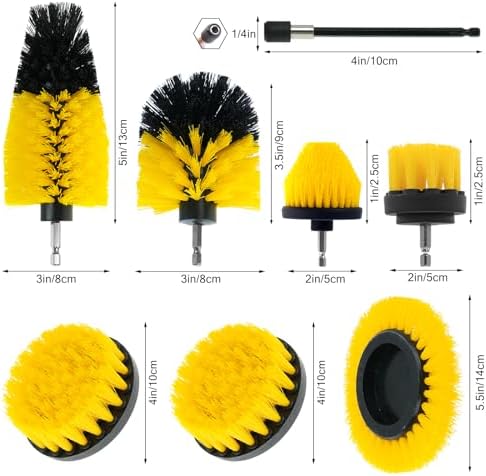 8 Pcs Drill Brush Attachment Set, Power Cleaning Scrub Brush Kit with Extend Long Attachment, All Purpose Drill Scrub Brushes for Car, Grout, Floor, Tub, Bathroom and Kitchen (Yellow)