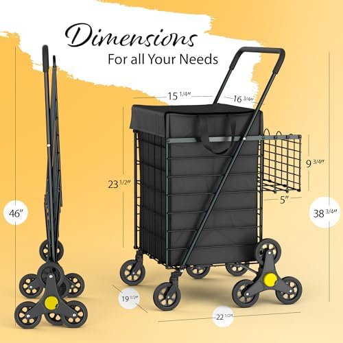 Our Modern Space Stairs Climbing Shopping Cart w/Waterproof Basket Liner & 360° Swivel Wheels | Foldable Collapsible & Lightweight | Perfect for Groceries Laundry Utility Cart - Black