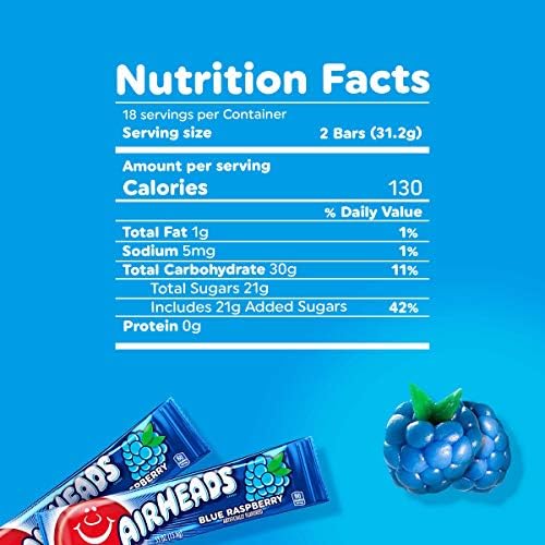 Airheads Full-Size Candy Bars, Taffy Candy Bulk Pack, Individually Wrapped, Blue Raspberry Fruit Flavor Artificially Flavored, 36 Count Box