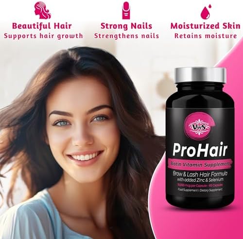 VWS Biotin 10,000 mcg Dietary Supplement w/Zinc & Selenium to Promote Thicker Hair Growth, Stronger Nails & Healthy Skin for Women and Men, 60 Vegan Capsules