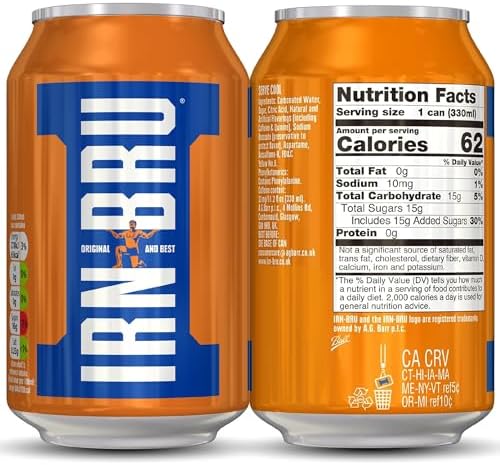 IRN-BRU Original Scottish Sparkling Soda, Citrus Flavored Carbonated Drink - Sparkling Flavored Soft Drink, 32 Flavor Recipe, 11.1 fl oz Cans, Pack of 6