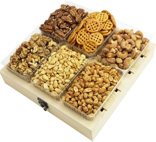 Honey Roasted Mixed Nuts Gift Basket – Pecans, Walnuts, Cashews & Peanuts and Pretzel in Mini Bags, Wooden 6-Compartment Tray, Gourmet Snack Assortment for Gifting