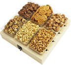 Honey Roasted Mixed Nuts Gift Basket – Pecans, Walnuts, Cashews & Peanuts and Pretzel in Mini Bags, Wooden 6-Compartment Tray, Gourmet Snack Assortment for Gifting