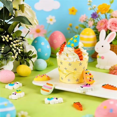 Easter Icing Decoration 16 Counts Edible Rabbit Eggs Carrot Royal Icing Decoration Sugar Sprinkles for Baking Cupcake Topper Cake Ice Cream Cookies Chocolate