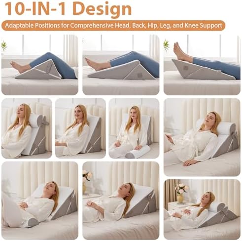 Wedge Pillow Set for After Surgery, Wedge Pillow for Acid Reflux, Bed Wedge Pillow with Adjustable 9&12inch for Headboard,Sleeping, Orthopedic Memory Foam for Neck&Back Support, White/Grey