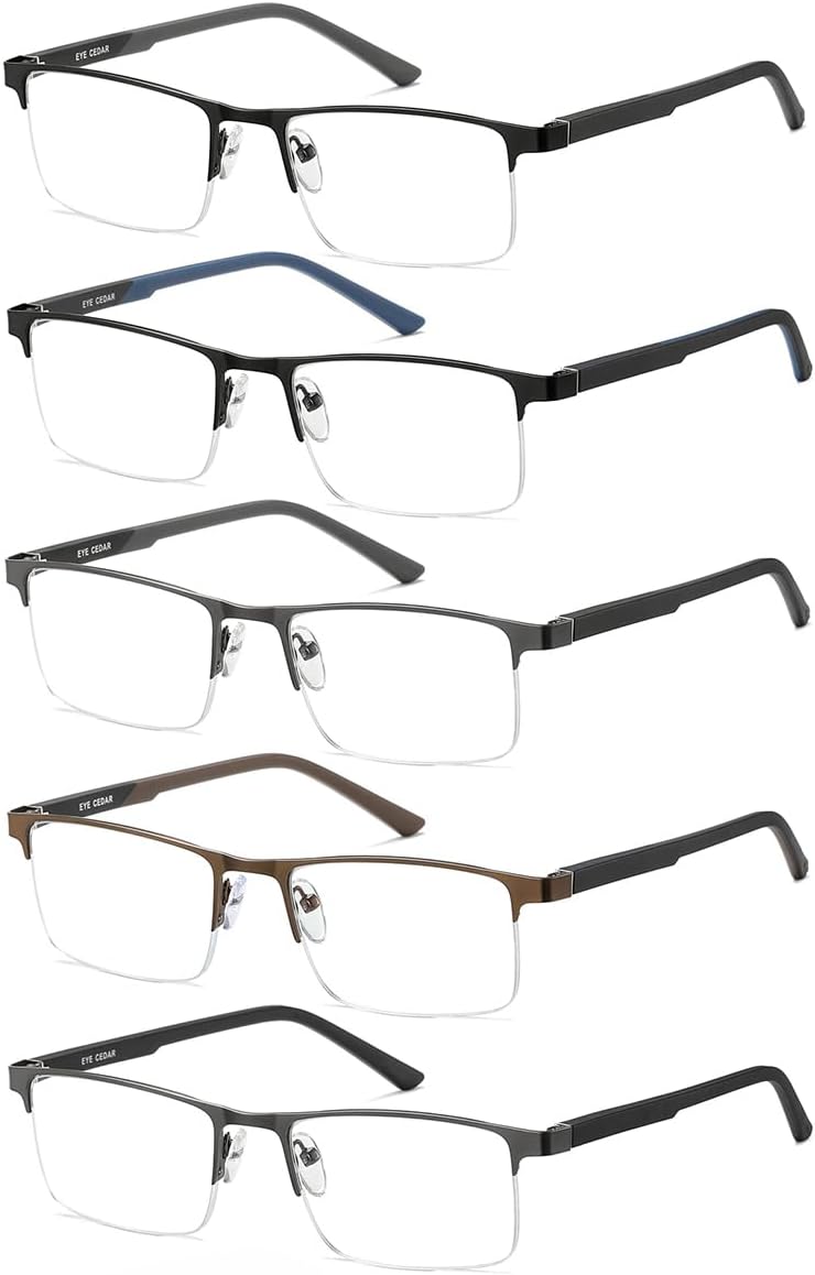 EYECEDAR 5 Pack Premium Blue Light Blocking Reading Glasses Men Metal Half Frame Spring Hinges Computer Readers for Men and Women 2.25