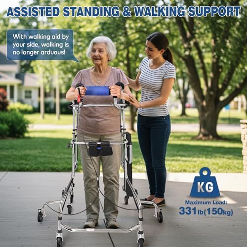 Adult Standing Walker for Seniors, 8-Wheels Anti-Tilt Walking Aid with Adjustable Height and Width, Withstands 331lbs, Padded Seat and Hand Brake, Suitable for People of 60-69 in